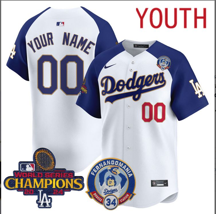 Youth MLB Los Angeles Dodgers Custom white 2024 World Series Champions Patch Cooperstown Jersey style 12->customized mlb jersey->Custom Jersey